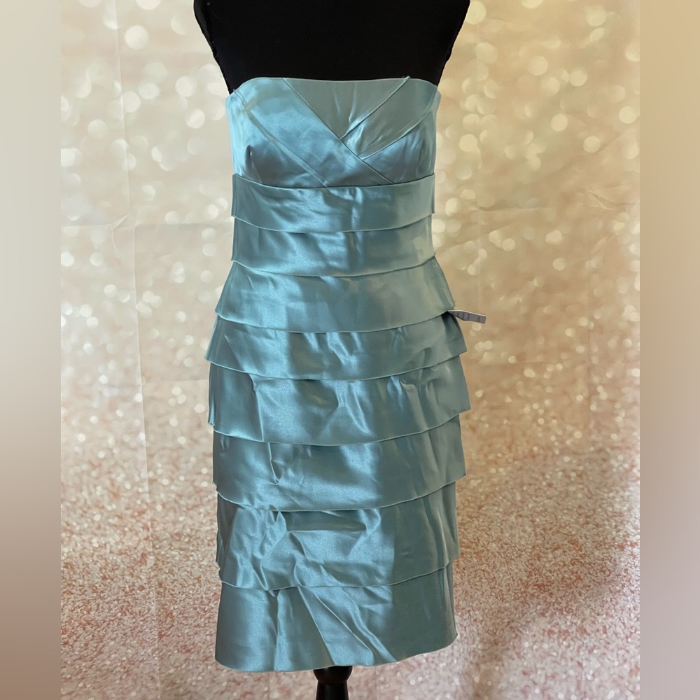 Max & Cleo Strapless Tiered Satin Dress in Seafoam Green Aqua Blue